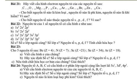 Bài 21 Hãy Viết Cấu Hình Electron Nguyên Tử Của Các Nguyên Tố Sau C