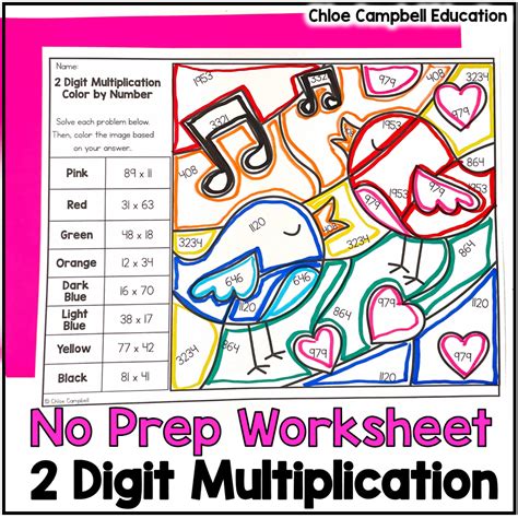 Valentine S Day Math 2 Digit Multiplication Color By Number 2 Digit By 2 Digit Chloe