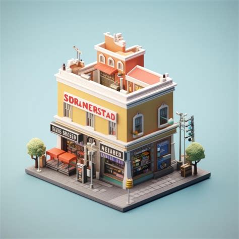 Representación 3d de la miniatur isométrica de la ciudad del quiosco