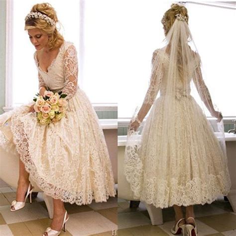 Sheer Lace Long Sleeves Tea Length Wedding Dress V Neckline On Storenvy