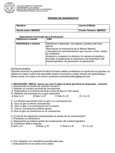 Diagnóstico Ciencias Para La Ciudadanía 3° Medio Pdf Cromosoma Adn