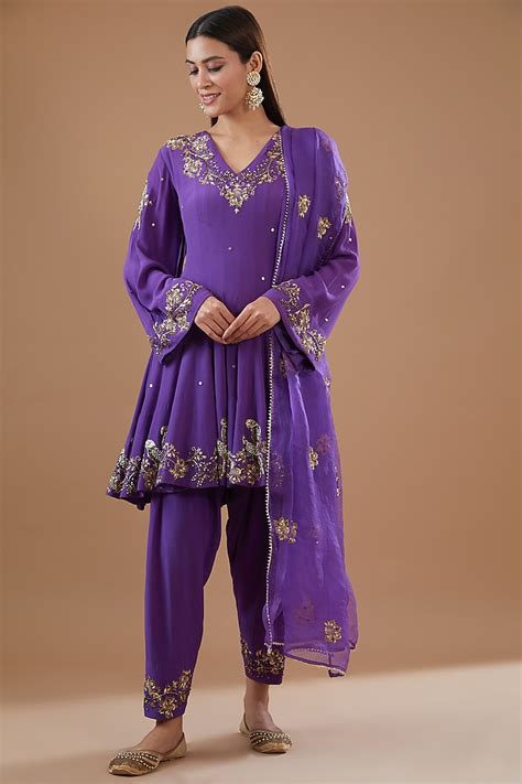 Purple Crepe Hand Embroidered Kurta Set Design By Radhika Nandwani At