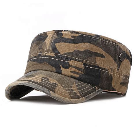 Men Washed Cotton Camouflage Flat Top Hats Outdoor Visor Military Cadet ...