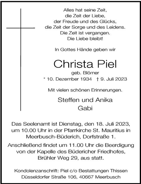 Alle Traueranzeigen F R Christa Piel Trauer Rp Online De