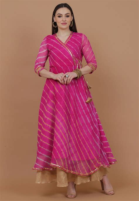 Leheriya Printed Chiffon Kurta In Fuchsia Anarkali Dress Pattern