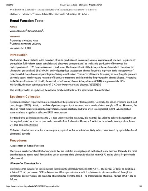 Renal Function Tests Stat Pearls NCBI Bookshelf NCBI Book Sh Elf