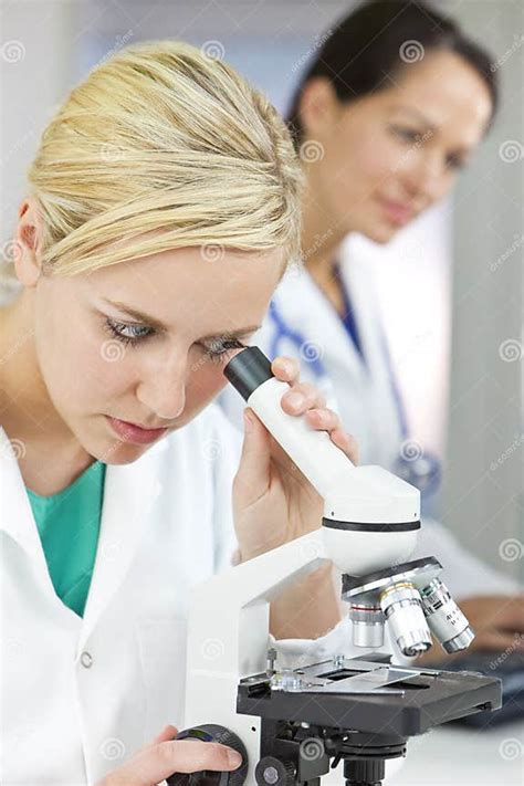 Female Scientists Using Microscopes In Laboratory Stock Image Image