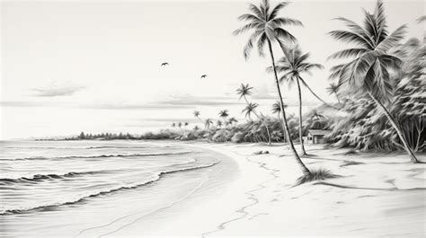 Desenho De Praia Tropical Preto E Branco Realismo Suave Pintura Mural