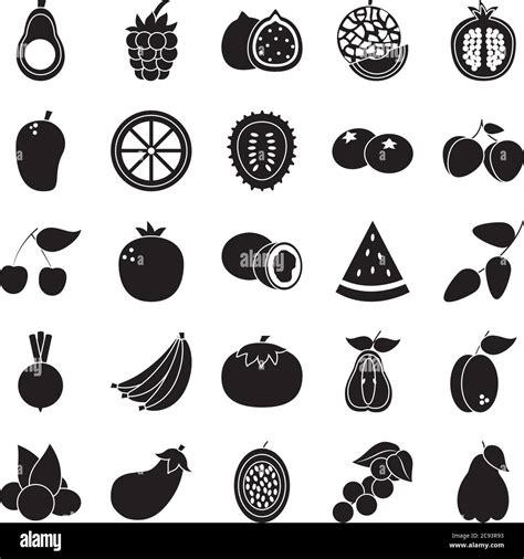 Cherry And Exotic Fruits Icon Set Over White Background Silhouette