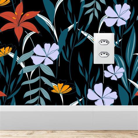 Papel De Parede Flores E Folhas Fundo Preto Elo7