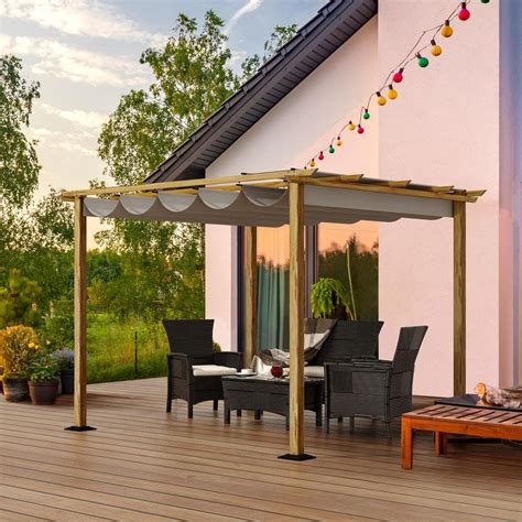 Egeiroslife 10 Ft X 10 Ft Wood Grain Aluminum Outdoor Pergola With Gray Retractable Shade