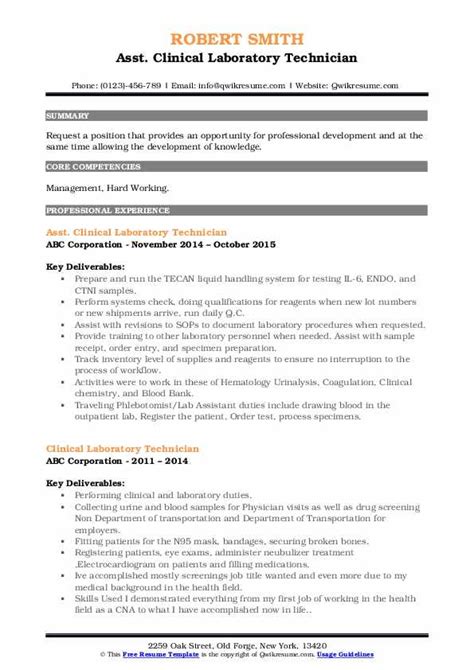 Clinical Laboratory Technician Resume Samples Qwikresume