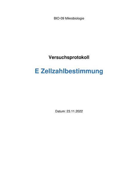 Protokoll E Zellzahlbestimmung Bio Mikrobiologie Versuchsprotokoll