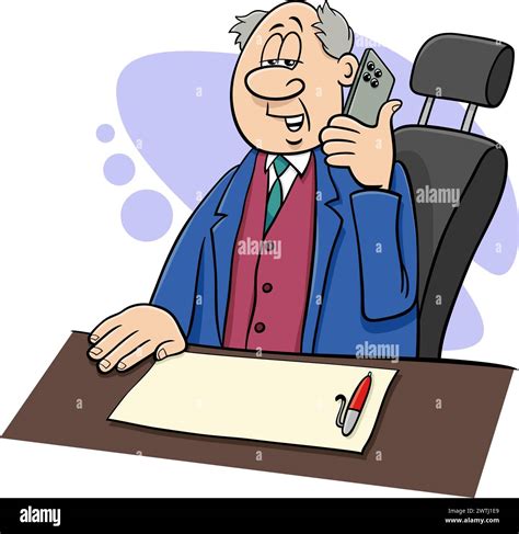 Cartoon Illustration Of Boss Or Businessman Behind The Desk Talking On