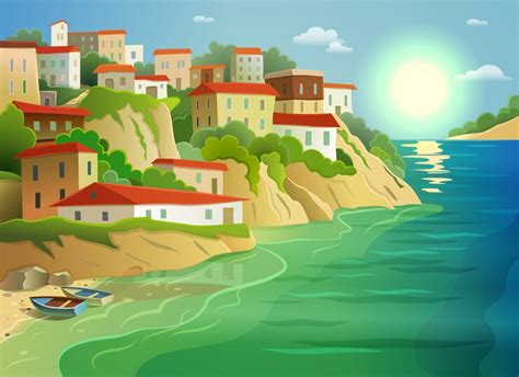 Free Vector | Coastal sea village living colorful poster