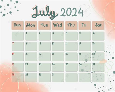 Calendario Julio 2024 Melocotón Verde PNG Calendario Mensual 2024