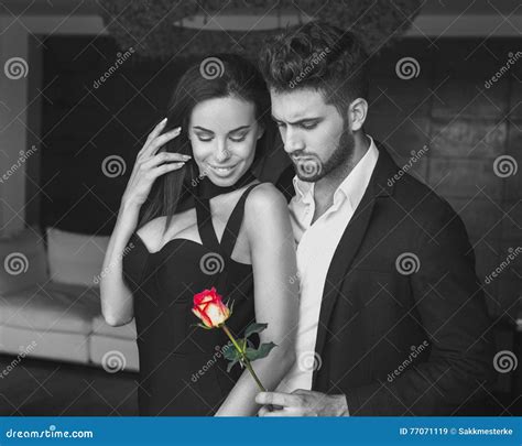 Stylish Man Give Rose To Woman Indoor Stock Image Image Of Proposal