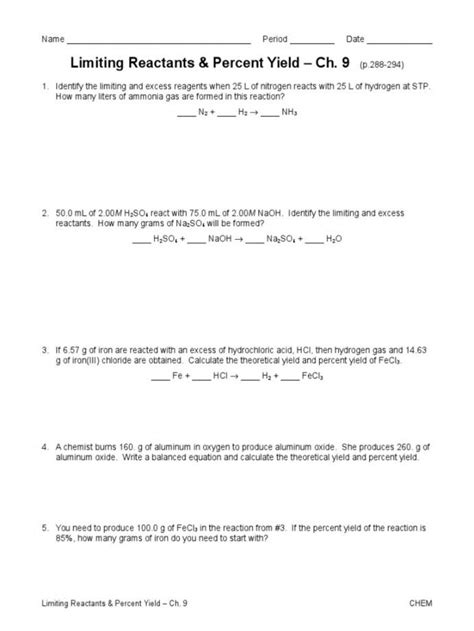 Limiting Reactant And Percent Yield Worksheet