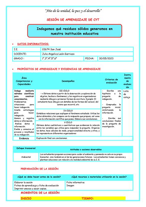 Sesion 30 De Mayo SESIN DE APRENDIZAJE DE CYT DATOS INFORMATIVOS