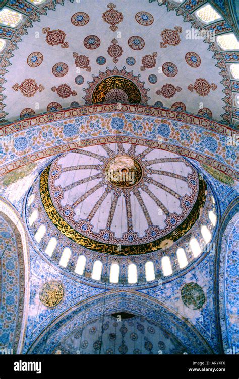 Istanbul Turkey Dome And Semi Dome Inside Blue Mosque with Calligraphy ...