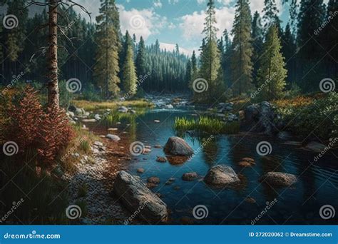 Landscape With River In Taiga Forest Ai Generative Stock Illustration