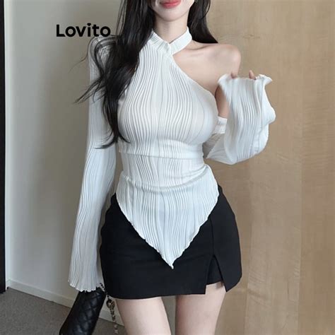 Lovito Women Casual Plain Asymmetrical Jacquard Cold Shoulder T Shirt