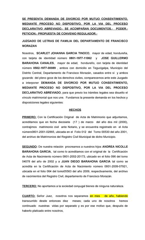 2012 Demanda De Divorcio Por Mutuo Consentimiento Se Presenta Demanda