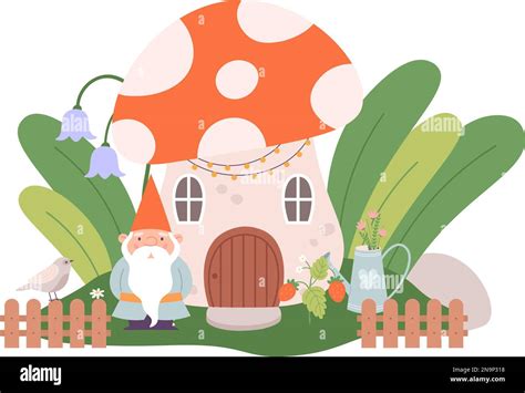 Gnome And Mushroom House Garden Dwarf Plants And Bird Cartoon Magic