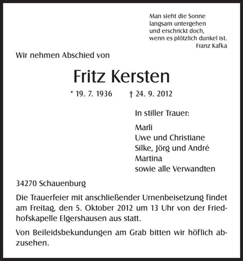 Traueranzeigen Von Fritz Kersten Trauer Hna De