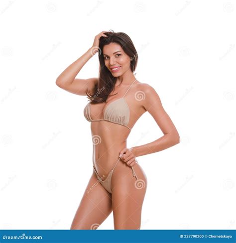 Mujer Hermosa En Bikini Elegante Sobre Blanco Foto De Archivo Imagen