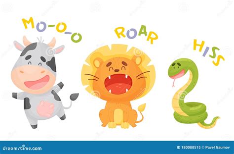 Cute Cartoon Animals Making Sounds Vector Illustrations Set Stock