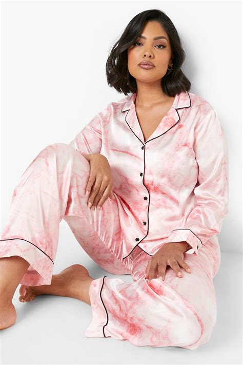 Plus Marble Print Satin Shirt And Pants Pajama Set Boohoo