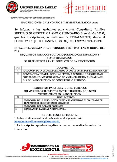 Inscripciones Consultorio Jur Dico Derecho Calendario B Y