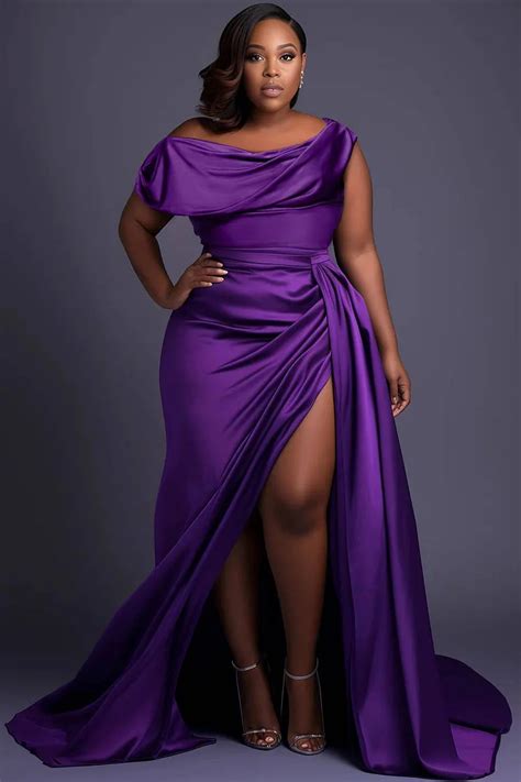 Xpluswear Design Plus Size Formal Purple Oblique Collar Cap Sleeve