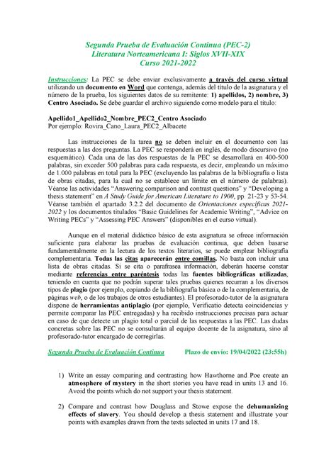 PEC 2 Lit Nort I Curso 2021 22 Segunda Prueba de Evaluación Continua