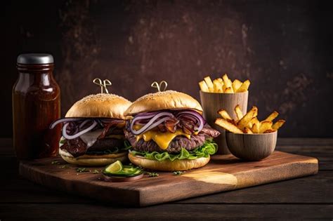 Premium Ai Image Delicious Burgers With Pieces Of Ham On A Wooden