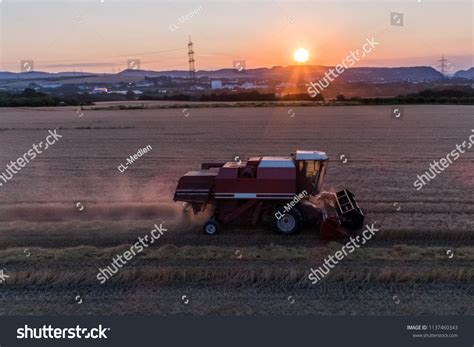 Aerial View Combine Harvester Harvesting Oats Stock Photo