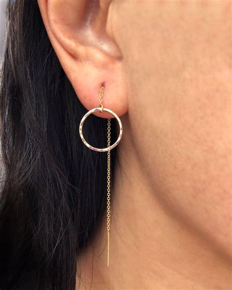 Open Circle New Moon Ring Threader Chain Earrings Silver Etsy Chain