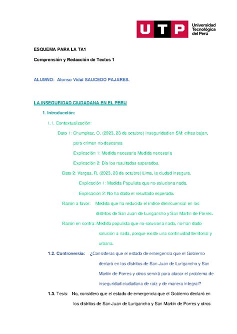 Esquema Y Redaccion Ta Esquema Para La Ta Comprensi N Y Redacci N De