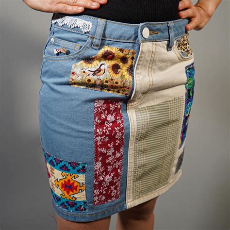 Patchwork Denim Skirt Etsy