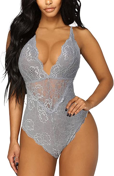 Aranmei Lingerie For Women Sexy Deep V Lace Bodysuit Snap Crotch Teddy