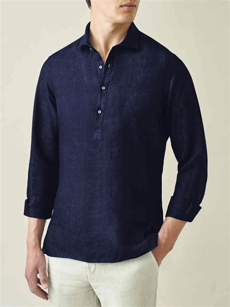 Midnight Blue Classic Collar Popover Linen Shirt Luca Faloni