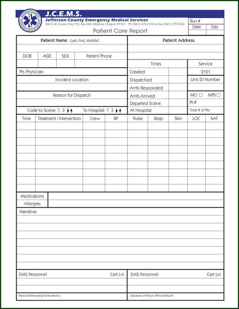 Sample Ems Patient Care Report Template Form Resume Examples