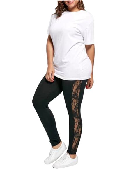 Women Mesh Hollow Lace Insert Sheer Leggings Mid Elastic Waist Casual Pencil Pants Cutout Tights