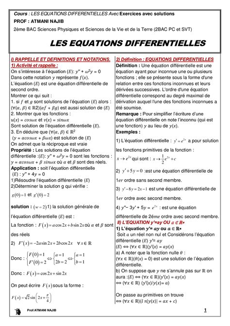 Équations différentielles Cours et exercices corrigés AlloSchool