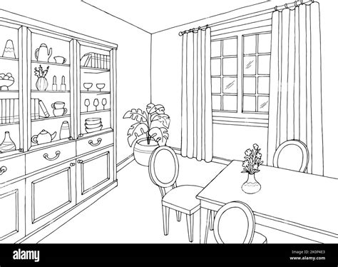 Dining Room Home Interior Graphic Black White Sketch Illustration