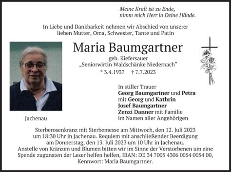 Traueranzeigen Von Maria Baumgartner Trauer Merkur De