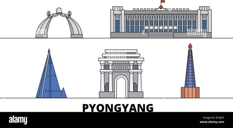 North Korea, Pyongyang flat landmarks vector illustration. North Korea, Pyongyang line city with ...