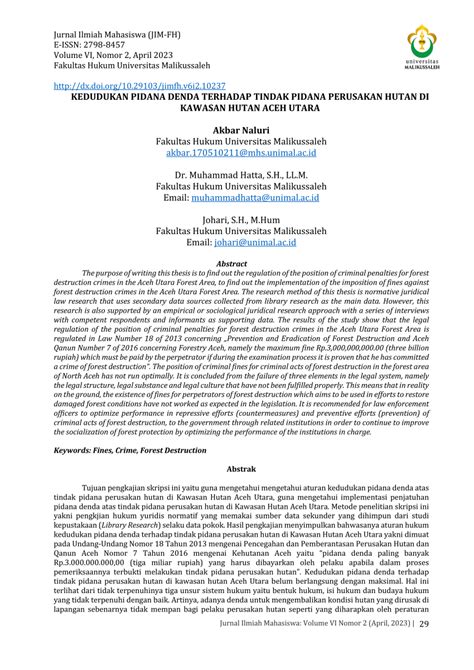 Pdf Kedudukan Pidana Denda Terhadap Tindak Pidana Perusakan Hutan Di