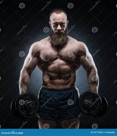 Bearded Muscular Bodybuilder Posing With Heavy Dumbbells Stock Image